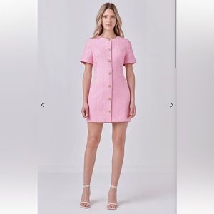 Nordstrom Endless Rose Pink Short Sleeve Gold Button Front Tweed Mini Dress New